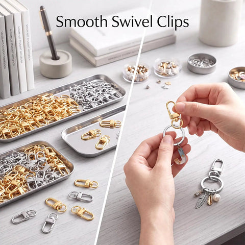Eighty Piece Swivel Lobster Clasps In Shiny Gold And Silver Finishes shown in trays and held for keychain and craft use.