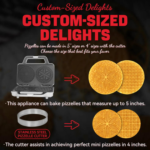SugarWhisk Electric Pizzelle Maker Non-Stick Stroopwafel Iron And 5 Inch Cookie Machine With Four Inch Mold baking pizzelles in 5 inch and 4 inch sizes.