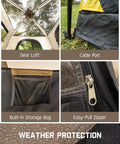 Zeta C6 Pro Six Person Instant Cabin Tent gear loft, cable port, storage bag, zipper, and rainproof fabric details