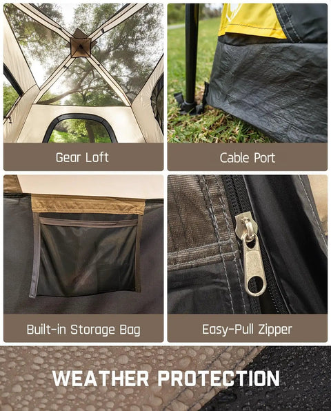 Zeta C6 Pro Six Person Instant Cabin Tent gear loft, cable port, storage bag, zipper, and rainproof fabric details