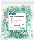 Heavy Duty 200 Pcs Waterproof Solder Seal Wire Connectors 18 16 Gauge Green Heat Shrink Butt Terminal Splices in a clear bag.