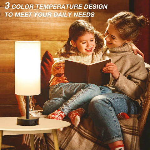 Cozy family reading by a warm Bedroom Lamps Set of 2 With USB C and USB A Ports, 3 Color Modes 2700K to 5000K Nightstand Lamps.