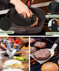 237 Pcs Griddle Accessories Kit For Flat Top Grills The Ultimate Outdoor BBQ Tool Set with cast iron press and spatulas in use.