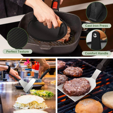 237 Pcs Griddle Accessories Kit For Flat Top Grills The Ultimate Outdoor BBQ Tool Set with cast iron press and spatulas in use.