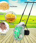 Garden Push Seeder Spreader Handheld Seeding Machine with 6 Nozzles Fertilizer Applicator on wooden deck with fields