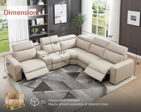 Dimensions of Power Recliner Sectional Sofa With Storage And USB Port, Leather Look Reclining Couch in beige brown, shown with recliners open.