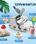 Heavy Duty Electric Ice Shaver And Snow Cone Maker Machine With Killer Blade Adjustments and Solid Ice Pick dishing out fluffy snow, versatile for desserts and drinks.