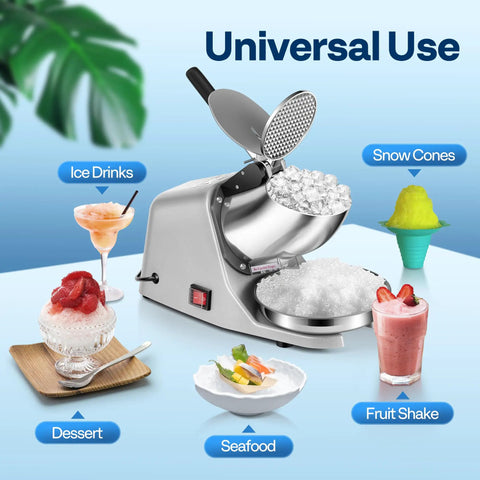 Heavy Duty Electric Ice Shaver And Snow Cone Maker Machine With Killer Blade Adjustments and Solid Ice Pick dishing out fluffy snow, versatile for desserts and drinks.