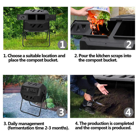 Collage showing steps for using a 43 Gallon Outdoor Dual Chamber Tumbling Compost Bin With Two Sliding Doors And 360 Degree Rotation