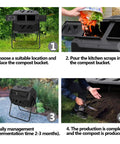 Outdoor Dual Chamber Tumbling Compost Bin With 43 Gallon Capacity, Rotating Bin Featuring Sliding Doors And Sturdy Steel Frame, BPA Free Outdoor Composting Bin For Garden, Yard, Patio, Or Lawn, Black shown in use across four steps of composting.