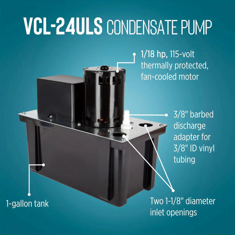 Heavy Duty Condensate Removal Pump With 1 Gallon Tank, Automatic Safety Switch, 6 Foot Cord, 115 Volt, 0.0556 HP, 270 GPH, Black, Built For Furnaces, Air Conditioners And Dehumidifiers, No Nonsense Water Control