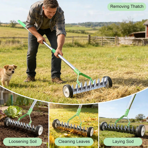 Wheeled Adjustable Thatch Rake For Lawn Care With Protective Gloves, Ergonomic Dethatcher Rake, heavy duty carbon steel rust resistant