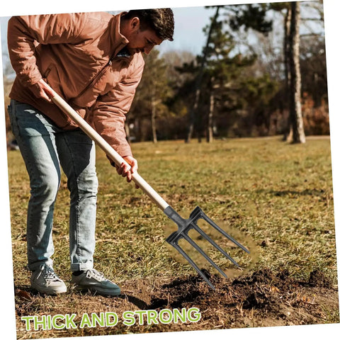 Person using Beefy Heavy Duty Four Prong Steel Pitch Fork Head for garden digging and soil loosening aeration and ground prep