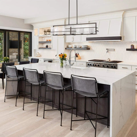 34 Inch 5 Light Dope Modern Kitchen Island Light Linear Pendant With Clear Water Glass Diffuser And Cylinder Frosted Glass Shades