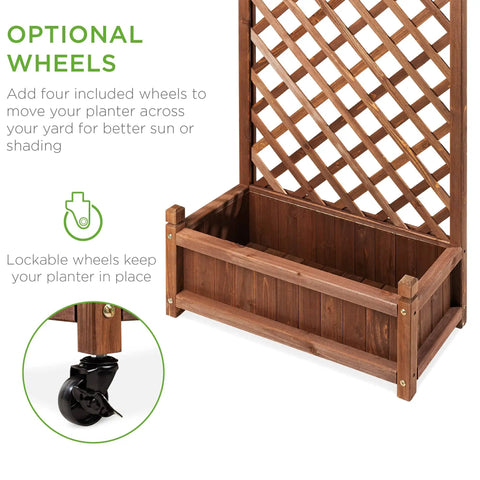 Pair Of 48 Inch Walnut Wood Planter Boxes With Diamond Lattice Trellis Mobile Outdoor Raised Garden Beds With Optional Wheels