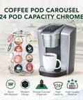 K Cups Pod Carousel Cup Holder With 24 Slots Spins 360 Degrees Lazy Susan Chrome Finish Kitchen Counter Organizer next to coffee maker.