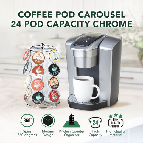 K Cups Pod Carousel Cup Holder With 24 Slots Spins 360 Degrees Lazy Susan Chrome Finish Kitchen Counter Organizer next to coffee maker.