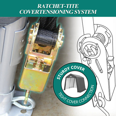 Close-up of ratchet-tite covertensioning system on 8 By 8 Outdoor Storage Shelter Shed Heavy Duty Tent for secure setup.
