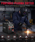 Person using Dual Voltage Plasma Cutter 110V And 220V, 55A Pilot Arc With LED Display And Air Sensor in workshop.