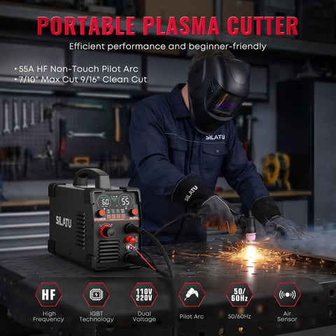 Person using Dual Voltage Plasma Cutter 110V And 220V, 55A Pilot Arc With LED Display And Air Sensor in workshop.