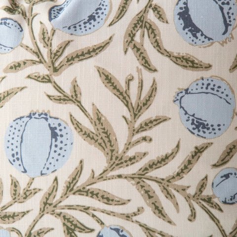 Alisa Blue Block Print Pomegranate Pillow Cover 100 Percent Cotton Throw Pillow Cover Decorative Accent For Sofa Couch Bed 14x24 Vintage Coastal Grandma Grandmillennial Style, blue pomegranate print cotton fabric close-up