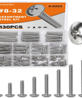 130 Piece Eight Thirty Two Machine Screws Assortment Kit With Phillips Pan Head Bolts In Three Oh Four Stainless Steel Includes One Half To Two Inch Lengths For Electrical Outlets And Everyday DIY Home Repairs displayed in a clear case with screws lined up in front