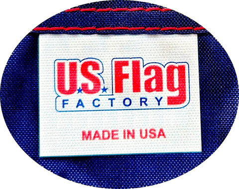 Label on 2.5 By 4 Foot All American Flag With Pole Sleeve And Leather Tab Embroidered Stars Sewn Stripes Outdoor SolarMax Nylon Durable 200 Denier Made In America Outdoor Rated