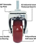 Front view: 3-inch swivel caster with threaded stem, red polyurethane wheel on metal frame.