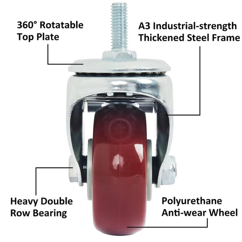 Front view: 3-inch swivel caster with threaded stem, red polyurethane wheel on metal frame.