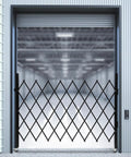 Heavy Duty Folding Security Gate With Lockable Diamond Grid Panels Expandable Wall Mount Kit For Garage Basement And Storefronts Steel Build in open position.