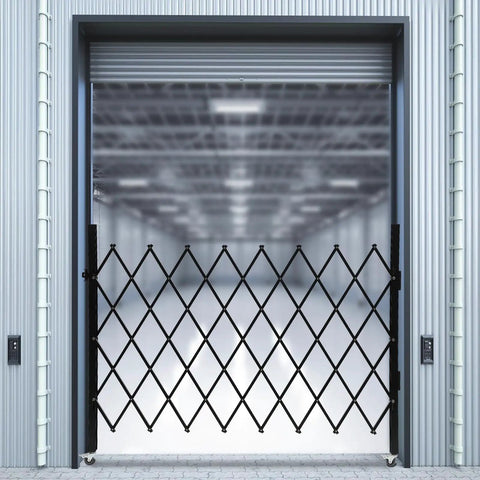 Heavy Duty Folding Security Gate With Lockable Diamond Grid Panels Expandable Wall Mount Kit For Garage Basement And Storefronts Steel Build in open position.