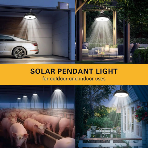 Solar Pendant Lights Dual Head 78 LED 900LM Motion Sensor, IP65 rated, illuminating garage, patio, barn, and outdoor dining area.
