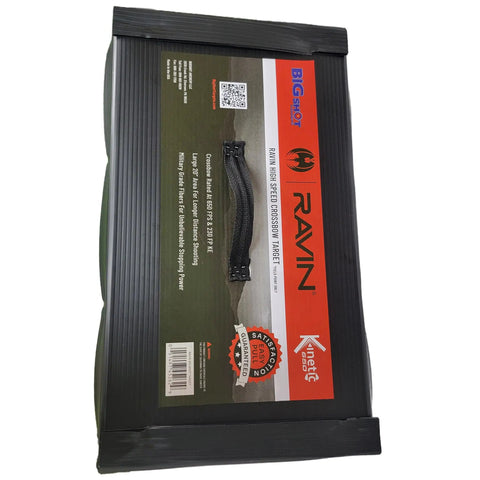 650 FPS Ravin Edition Crossbow Target with Aramid Core visible at an angle showing the handle and logo on the packaging.