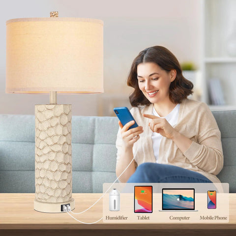 Woman using Set of 2 Farmhouse Table Lamps with 3-Way Dimmable Touch Control, Rustic Resin Nightstand Lamps with USB Ports, 26 Inch Cozy Living Room