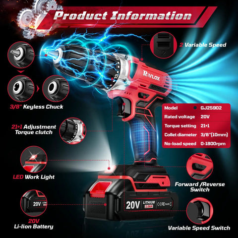 Red 20V Cordless Power Drill Set With Dual 2000mAh Batteries 30Nm Torque 21 And 1 Clutch Settings Two Speeds Built In LED