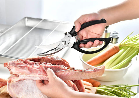 Heavy Duty Poultry Shears Kitchen Scissors For Cutting Chicken And Meat With Spring Loaded Handles, Multipurpose Tool To Butterfly Whole Poultry, Trim Fat, Slice Raw Meat, Chop Herbs, And Cut Veggies With Minimal Hand Strain Like A Boss, stainless steel, 9.6 in, cutting raw meat