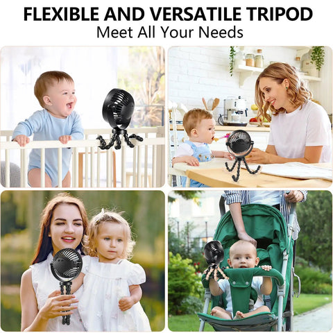 Mini Handheld Portable Fan With Flexible Tripod Clip On for stroller, car seat, bed, and desk shown in various settings.