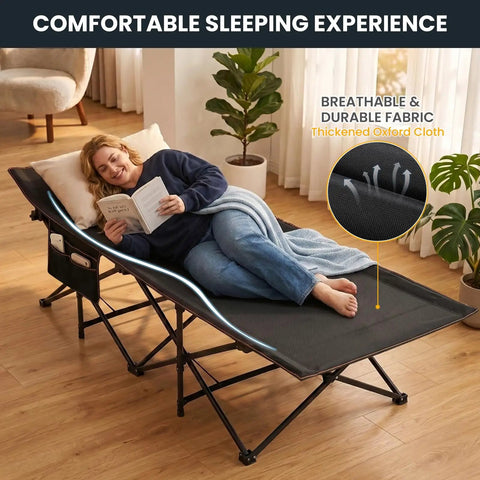 Oversized XXL Folding Camping Cot With Carry Bag Tough As Nails Heavy Duty shown with person lying on durable Oxford fabric.