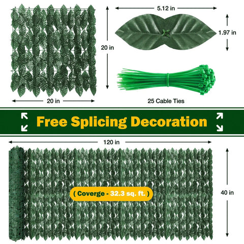 Artificial Ivy Privacy Fence Screen 120 inch long by 40 inch wide for patio balcony garden and backyard vibe decor realistic.