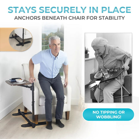 Wonder Tray Plus Adjustable Recliner Swivel TV Tray With Easy Grip Standing Handle for seniors assisting with mobility.