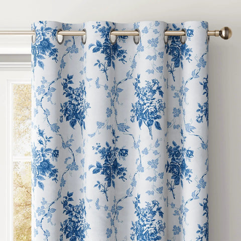 Blue Floral 100 Percent Blackout Curtains 2 Panels With Grommet Top 84 Inches Long Thermal Window Treatments Rose Pattern Sound Reducing For Living Room OEKO TEX Certified W52 X L84