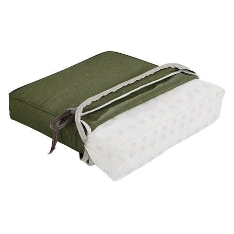 Montlake FadeSafe Outdoor Bench Cushion 41 X 18 X 3 Inches Contoured, Water Resistant, Fade Resistant Fabric in Heather Fern, shown side view.