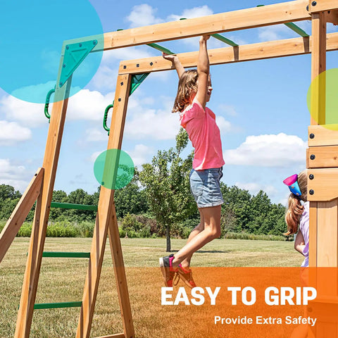 Child swinging on 21 Inch Monkey Bars Kit Playground Rungs For Backyard And Indoor Outdoor Use 12 Pcs Metal Monkey Bars Set