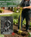Man using Hand Tiller Cultivator With Steel Garden Claw For Easy Soil Loosening And Weeding In Flower Beds Raised Beds Planter Boxes