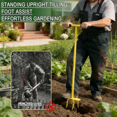 Man using Hand Tiller Cultivator With Steel Garden Claw For Easy Soil Loosening And Weeding In Flower Beds Raised Beds Planter Boxes