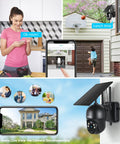 Solar Powered Outdoor Security Cam Wire Free With 360 Degree View And 2K PTZ Color Night Vision Human Detection Two Way Talk Cloud Or SD Card Storage Weatherproof Easy 2 4G WiFi Setup showing live video feed on phone.
