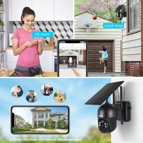 Solar Powered Outdoor Security Cam Wire Free With 360 Degree View And 2K PTZ Color Night Vision Human Detection Two Way Talk Cloud Or SD Card Storage Weatherproof Easy 2 4G WiFi Setup showing live video feed on phone.