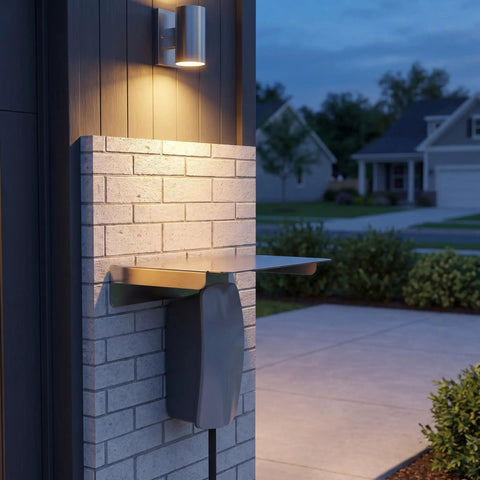 Heavy Duty EV Charger Protector Stainless Steel Weatherproof Enclosure mounted on brick wall with light, perfect for outdoor use.
