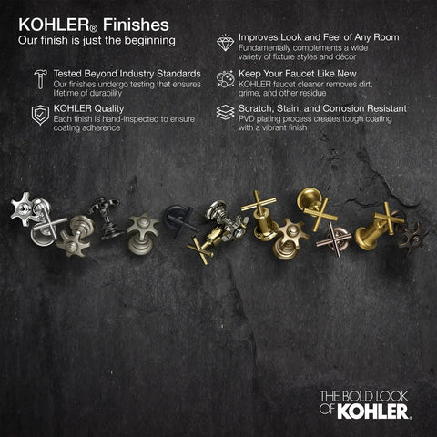 Various KOHLER faucet finishes displayed on dark textured surface.