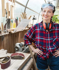 Woman in woodworking shop with Heavy Duty 36 Pack 4X24 Sanding Belts Aluminum Oxide Abrasive Strips Assorted Grits 80 120 150.